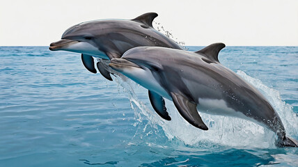 Fototapeta premium A pair of playful dolphins leaping out of the water, frozen in mid-air against a white background, their sleek bodies and joyful expressions sharply defined.