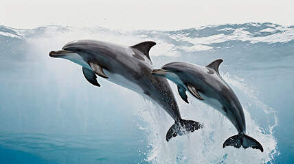Obraz premium A pair of playful dolphins leaping out of the water, frozen in mid-air against a white background, their sleek bodies and joyful expressions sharply defined.