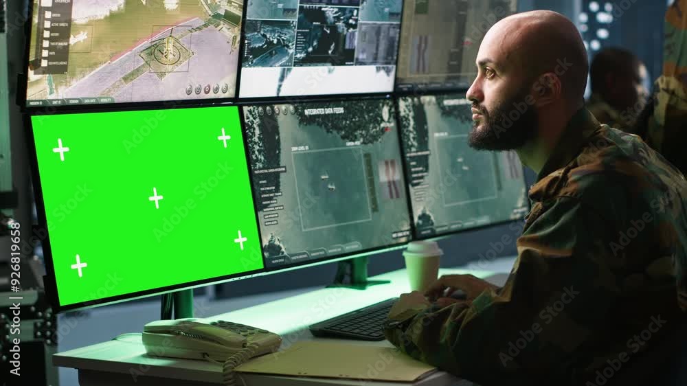 Poster army soldier looking at chroma key screens in command center housing operational missile defense sys
