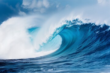 Majestic powerful ocean wave crashing with blue and white colors against a clear sky background, captured from an eye-level perspective, showcasing the raw force of nature.