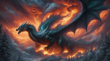 Dragon in fire and smoke