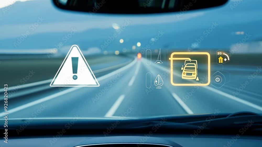 Poster futuristic car is using augmented reality technology to display road information for safety, navigat