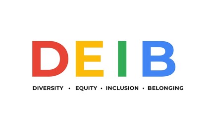 DEIB Strategic Plan. Diversity, Equity, Inclusion, Belonging in Infographic design. DEIB typography in bright colors.