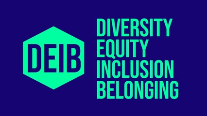 DEIB Strategic Plan. Diversity, Equity, Inclusion, Belonging in Infographic design. Isolated on dark blue background with hexagon shape.