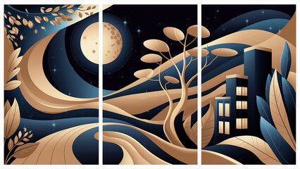 Abstract landscape at night in gold and navy tones, triptych. vector illustration, illustration