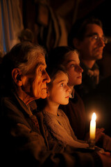 Family of four sitting in dim candlelight with expressions of worry and grief