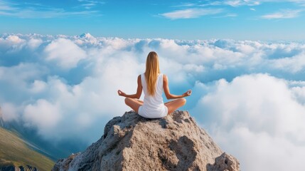 A woman meditating on a mountain top overlooking the clouds, AI