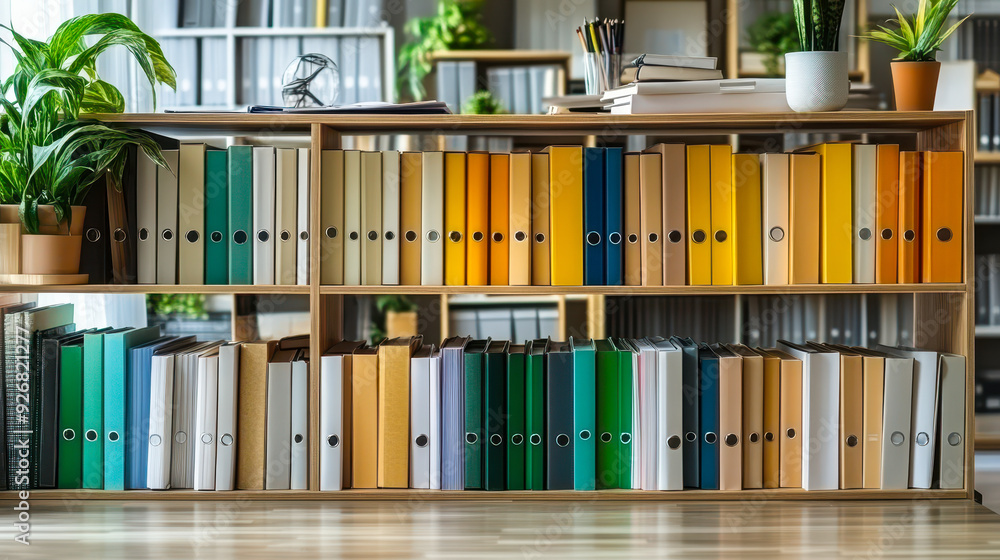 Poster organized office shelf with colorful binders and documents for efficient document management in mode
