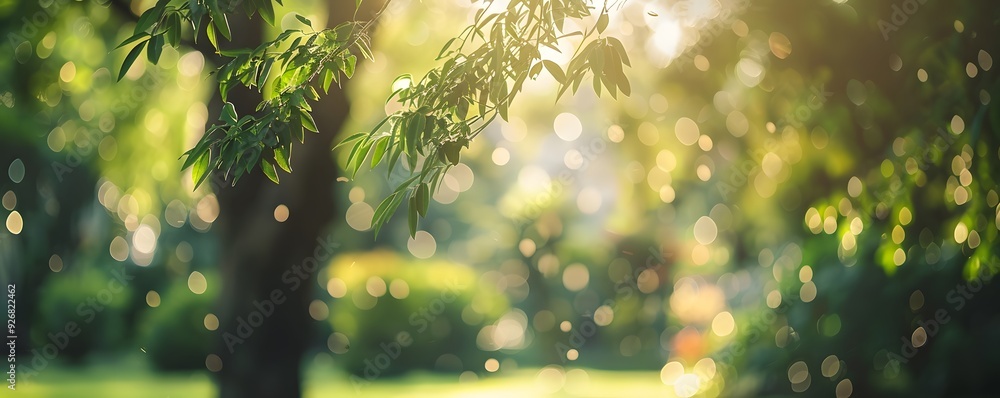 Poster sunlight filtering through green leaves and bokeh