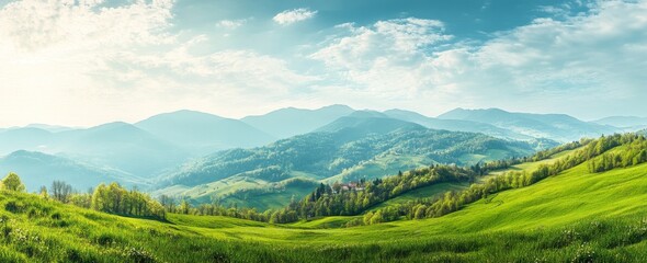 Panoramic view of the mountain range in spring, with lush green grass on rolling hills and distant mountains, providing ample space for text.