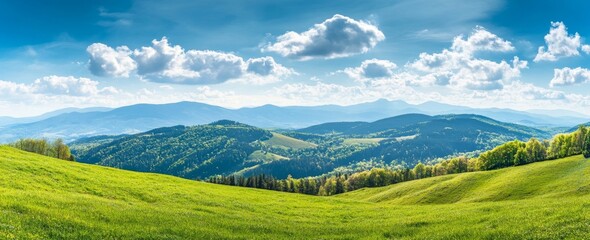 Panoramic view of the mountain range in spring, with lush green grass on rolling hills and distant mountains, providing ample space for text.