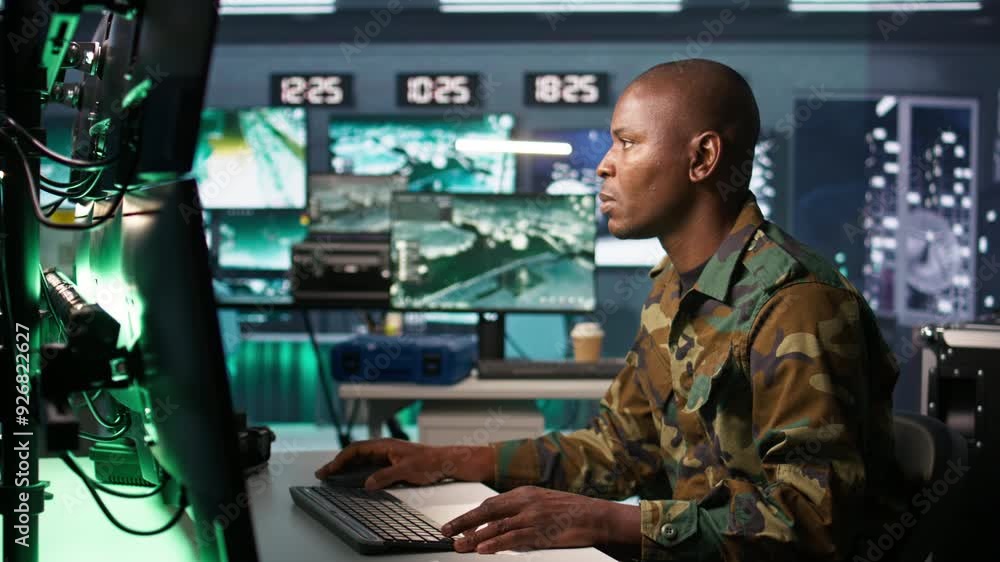 Poster portrait of military agent working in control room, analyzing aerial reconnaissance data. intelligen