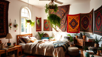 Bohemian bedroom with colorful tapestries, hanging plants, and eclectic furniture, sunlight streaming through the window. Generative AI