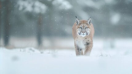 Obraz premium cougar walking in a snowy forest