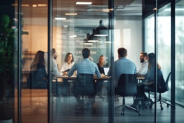 Business team collaborating around a table in a modern office, captured through glass walls, planning for success with a blurred effect that adds dynamic movement, emphasizing teamwork and strategy.