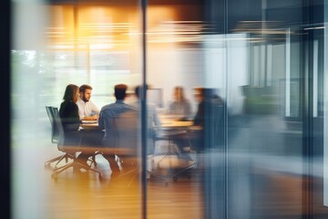 Business team collaborating around a table in a modern office, captured through glass walls, planning for success with a blurred effect that adds dynamic movement, emphasizing teamwork and strategy.
