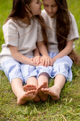Fototapeta premium two sisters sitting on the grass