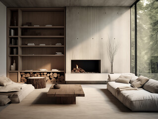 Wabi sabi japanese style rustic interior living room in neutral with wood texture elements