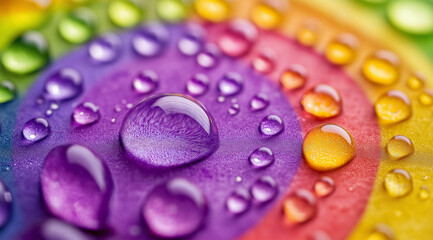 Water droplets on colorful circles, macro photography. Water drops on colored circular shapes, macro photography. Waterdrops on multicolored circles, macro photo.