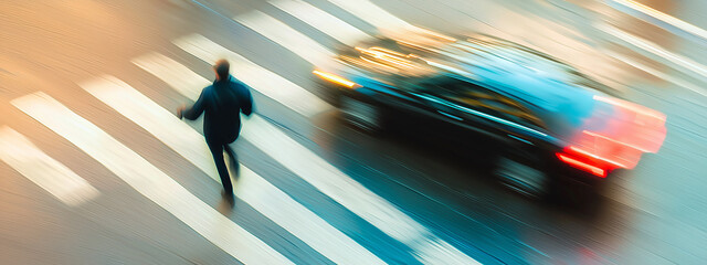 A startled pedestrian narrowly avoids disaster as a car speeds through the crosswalk