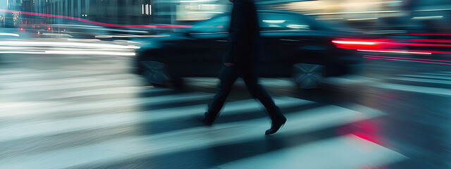 A startled pedestrian narrowly avoids disaster as a car speeds through the crosswalk © Pink Badger