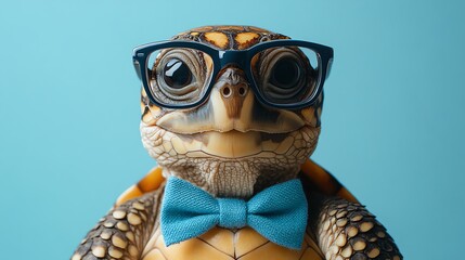 Turtle with glasses and a blue bow tie, posing against a light blue background, charming and nerdy