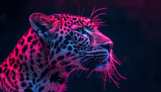 Profile of a leopard bathed in neon pink and blue lights, dramatic and modern, dark studio background