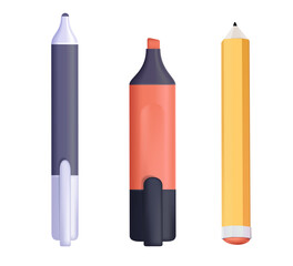 Pens, pencil, markers 3D vector set isolated on white background, ballpoint pens, lead dot pen with red rubber eraser, 3D biro pen and pencils, stationery set cartoon illustration design