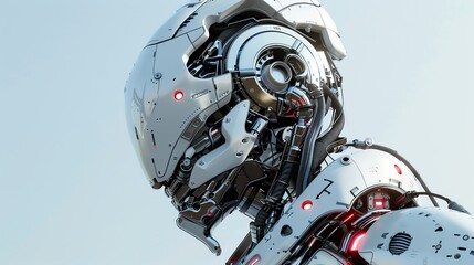 Fototapeta premium Close-up of a futuristic robot's head, showing intricate mechanical details.