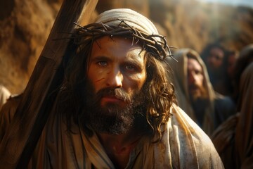 Sorrowful journey: Jesus Christ walking to Golgotha, bearing a heavy wooden cross on his shoulders, his face reflecting suffering and fatigue in this poignant religious depiction