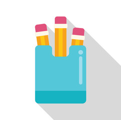 Three pencils with erasers standing in a blue pencil holder, simple vector illustration with long shadow