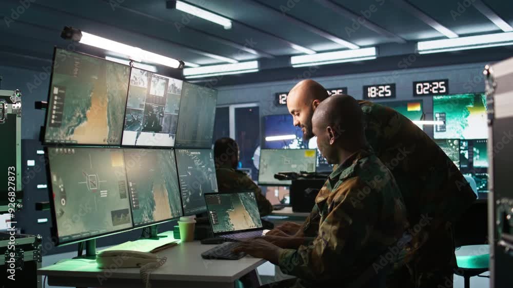 Poster military soldier in mission control center, overseeing national safety operations using notebook nex