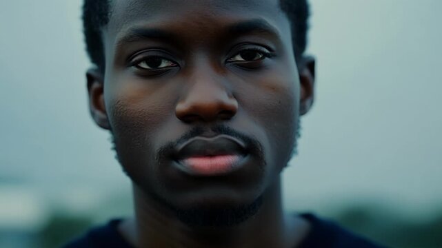 Young black man with a serious expression, exuding contemplation and confidence, poses against a blurred background. This portrait conveys masculinity and emotion