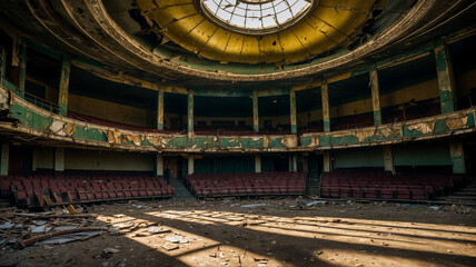Abandoned Theater, captured in a decaying grandeur in the early evening light of a golden sunlight 