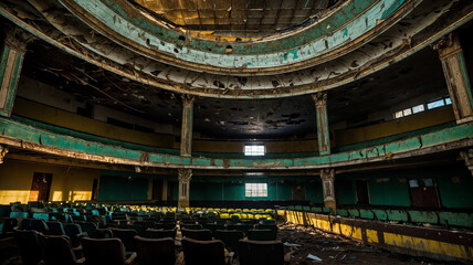 Obraz premium Abandoned Theater, captured in a decaying grandeur in the early evening light of a golden sunlight 