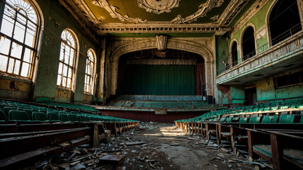 Obraz premium Abandoned Theater, captured in a decaying grandeur in the early evening light of a golden sunlight 