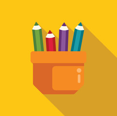 Illustration featuring colorful pencils standing upright in an orange pencil holder
