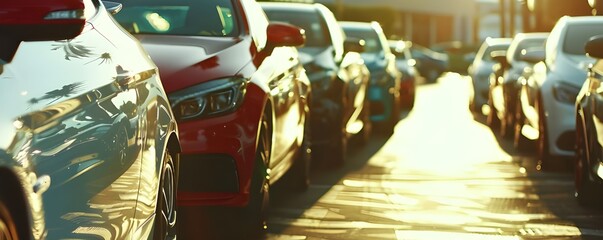 Obraz premium row of cars parked in the parking lot, with various colors and types of vehicles. 