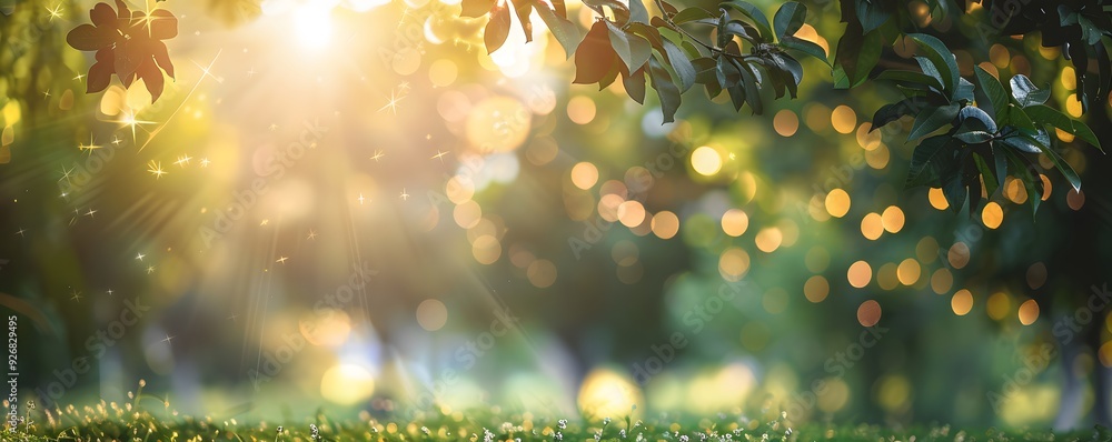 Poster sunlight filtering through leaves with bokeh and sparkling dust
