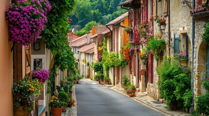 Charming cobblestone street lined with colorful flowers and old stone houses.