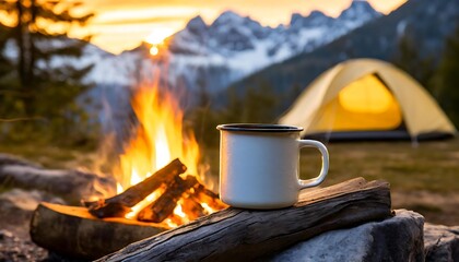 Camping mockup - Enamel mug. Travel mug with the forest lake landscape, campfire and tent behind. Hiking adventure scene. Graphic art illustration