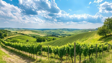 Naklejka premium Vineyard Landscape with Rolling Hills and Cloudy Sky.