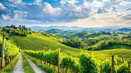 Naklejka premium Picturesque Italian Vineyard Landscape with Winding Road.