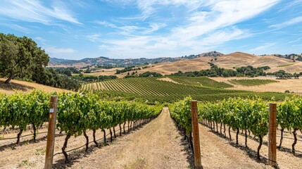 Naklejka premium Vineyard Rows Leading to Hills.