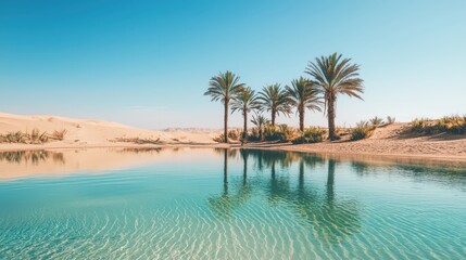 Oasis in the Desert with Palm Trees and Blue Water.