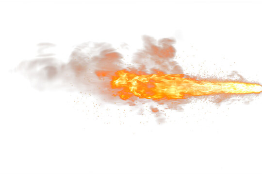 Overlay of a muzzle flash isolated on a white or transparent background. Close-up of the flame bursting from a firearm, design element, muzzle flash.
