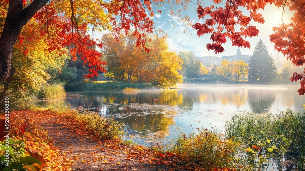 Wall mural Autumnal Lake Scene with Colorful Trees and Sunrays.