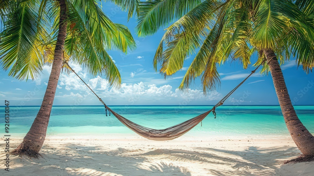 Poster Hammock Between Palm Trees on a Tropical Beach.