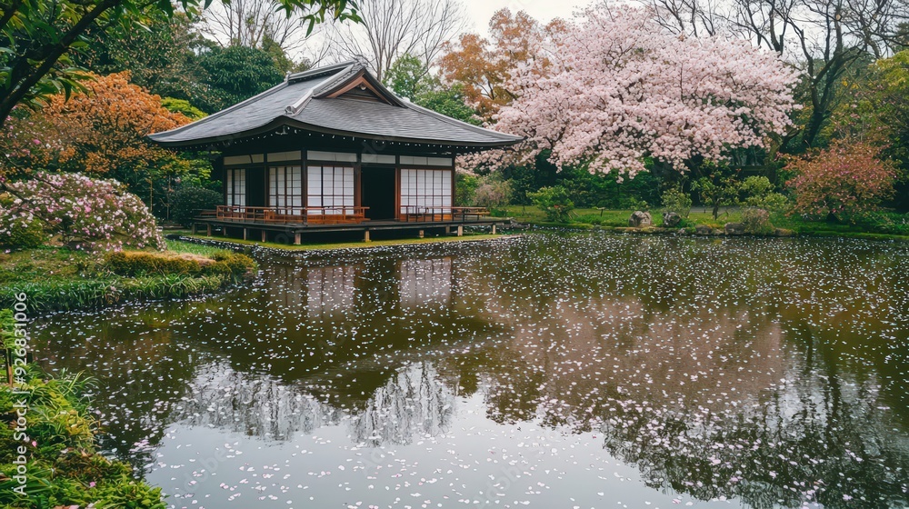 Canvas Prints Traditional Japanese House with Cherry Blossom Petals on Water.