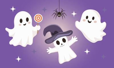 A set of cute ghosts. Halloween holiday. The ghost holds a lollipop in his hand.